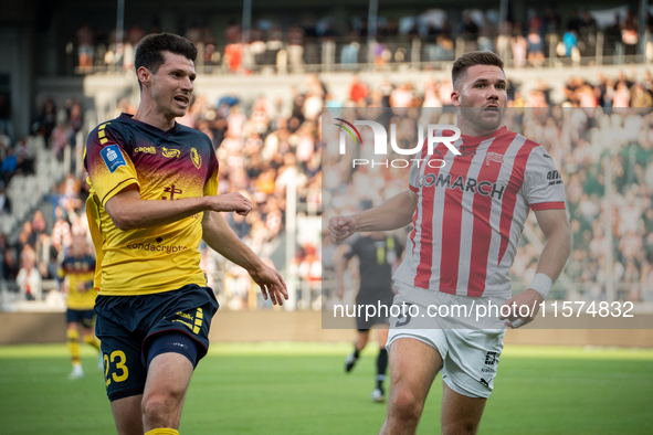 Benedikt Zech and Benjamin Kallman during the game between KS Cracovia and Pogon Szczecin in Krakow, Poland, on September 14, 2024. PKO BP E...