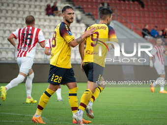 Linus Wahlqvist and Efthymios Koulouris during the game between KS Cracovia and Pogon Szczecin in Krakow, Poland, on September 14, 2024. PKO...