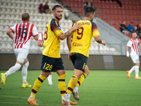 Linus Wahlqvist and Efthymios Koulouris during the game between KS Cracovia and Pogon Szczecin in Krakow, Poland, on September 14, 2024. PKO...