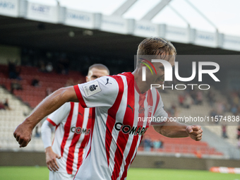 Mikkel Maigaard participates in the game between KS Cracovia and Pogon Szczecin in Krakow, Poland, on September 14, 2024. PKO BP Ekstraklasa...