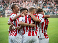 Cracovia players celebrate scoring a goal during the game between KS Cracovia and Pogon Szczecin in Krakow, Poland, on September 14, 2024. P...