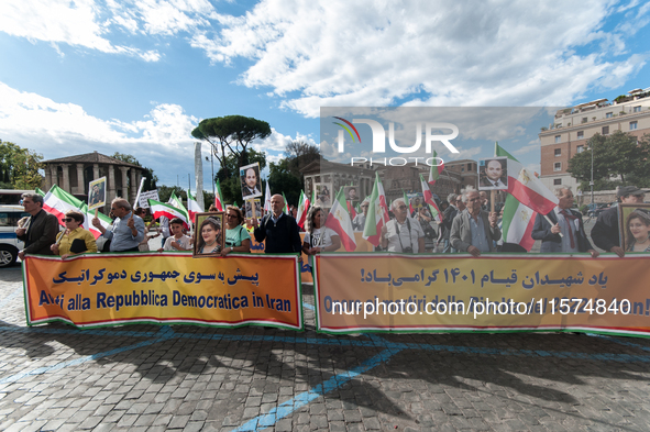 The Association of Iranian Graduates resident in Italy demonstrates on the anniversary of the killing of Mahsa Amini in Iran in Rome, Italy,...