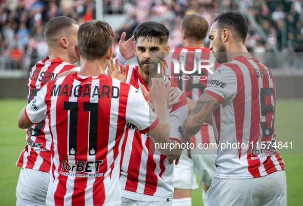 Cracovia players celebrate scoring a goal during the game between KS Cracovia and Pogon Szczecin in Krakow, Poland, on September 14, 2024. P...