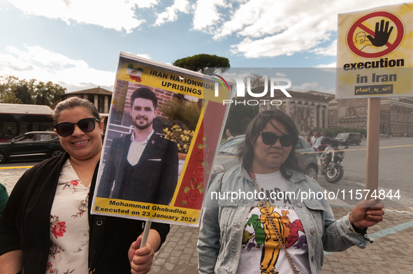 The Association of Iranian Graduates resident in Italy demonstrates on the anniversary of the killing of Mahsa Amini in Iran in Rome, Italy,...