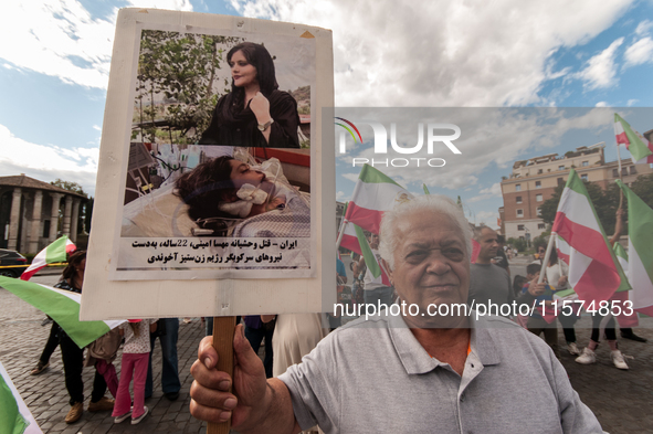 The Association of Iranian Graduates resident in Italy demonstrates on the anniversary of the killing of Mahsa Amini in Iran in Rome, Italy,...