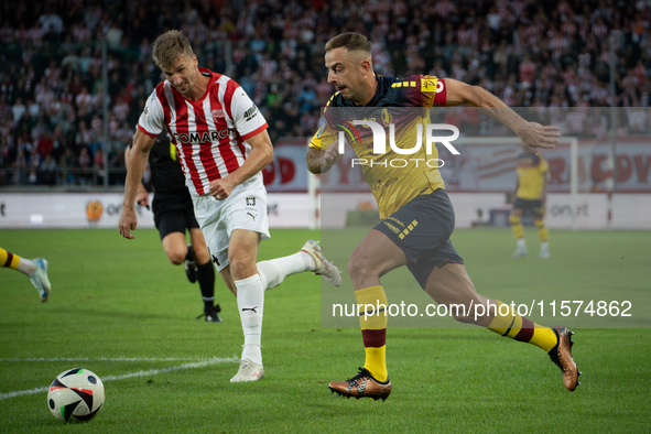 Kamil Grosicki and Jakub Jugas play during the game between KS Cracovia and Pogon Szczecin in Krakow, Poland, on September 14, 2024. PKO BP...