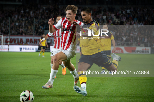 Filip Rozga and Leonardo Borges play during the game between KS Cracovia and Pogon Szczecin in Krakow, Poland, on September 14, 2024. PKO BP...