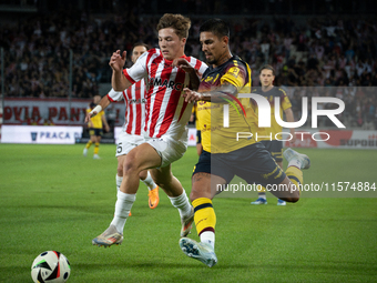 Filip Rozga and Leonardo Borges play during the game between KS Cracovia and Pogon Szczecin in Krakow, Poland, on September 14, 2024. PKO BP...