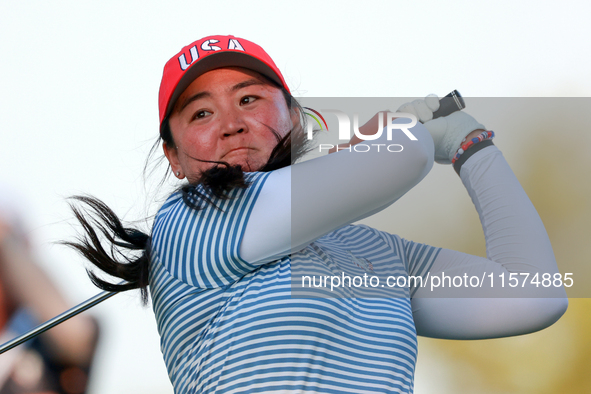 GAINESVILLE, VIRGINIA - SEPTEMBER 14: Allisen Corpuz of the United States hits from the 18th tee during Day Two of the Solheim Cup at Robert...