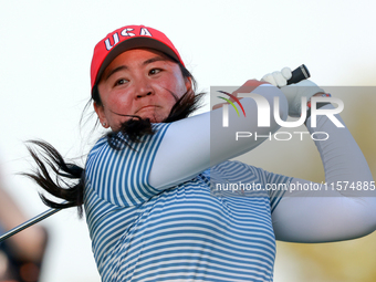 GAINESVILLE, VIRGINIA - SEPTEMBER 14: Allisen Corpuz of the United States hits from the 18th tee during Day Two of the Solheim Cup at Robert...