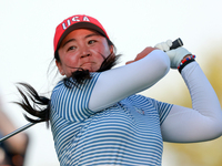 GAINESVILLE, VIRGINIA - SEPTEMBER 14: Allisen Corpuz of the United States hits from the 18th tee during Day Two of the Solheim Cup at Robert...