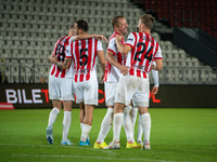 Cracovia players celebrate scoring a goal during the game between KS Cracovia and Pogon Szczecin in Krakow, Poland, on September 14, 2024. P...