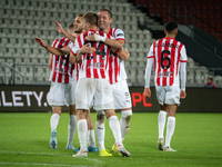 Cracovia players celebrate scoring a goal during the game between KS Cracovia and Pogon Szczecin in Krakow, Poland, on September 14, 2024. P...