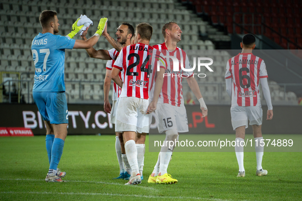 Cracovia players celebrate scoring a goal during the game between KS Cracovia and Pogon Szczecin in Krakow, Poland, on September 14, 2024. P...