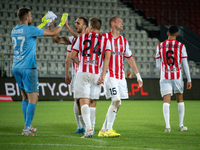 Cracovia players celebrate scoring a goal during the game between KS Cracovia and Pogon Szczecin in Krakow, Poland, on September 14, 2024. P...