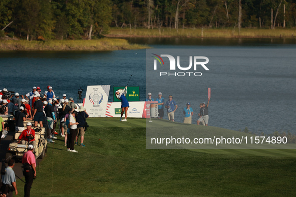 GAINESVILLE, VIRGINIA - SEPTEMBER 14: Charley Hull of Team Europe plays her tee shot on the 17th hole during Fourball Matches on Day Two of...