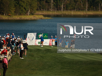 GAINESVILLE, VIRGINIA - SEPTEMBER 14: Charley Hull of Team Europe plays her tee shot on the 17th hole during Fourball Matches on Day Two of...