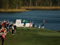 GAINESVILLE, VIRGINIA - SEPTEMBER 14: Charley Hull of Team Europe plays her tee shot on the 17th hole during Fourball Matches on Day Two of...