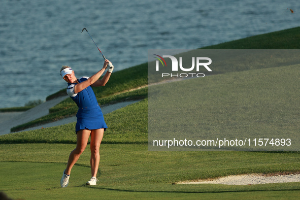 GAINESVILLE, VIRGINIA - SEPTEMBER 14: Charley Hull of Team Europe plays her second shot toward the 17th green during Fourball Matches on Day...