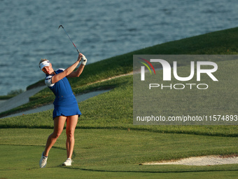 GAINESVILLE, VIRGINIA - SEPTEMBER 14: Charley Hull of Team Europe plays her second shot toward the 17th green during Fourball Matches on Day...