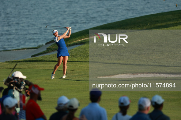 GAINESVILLE, VIRGINIA - SEPTEMBER 14: Charley Hull of Team Europe plays her second shot toward the 17th green during Fourball Matches on Day...