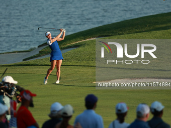 GAINESVILLE, VIRGINIA - SEPTEMBER 14: Charley Hull of Team Europe plays her second shot toward the 17th green during Fourball Matches on Day...