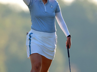 GAINESVILLE, VIRGINIA - SEPTEMBER 14: Allisen Corpuz of the United States reacts to her putt on the 17th green during Day Two of the Solheim...