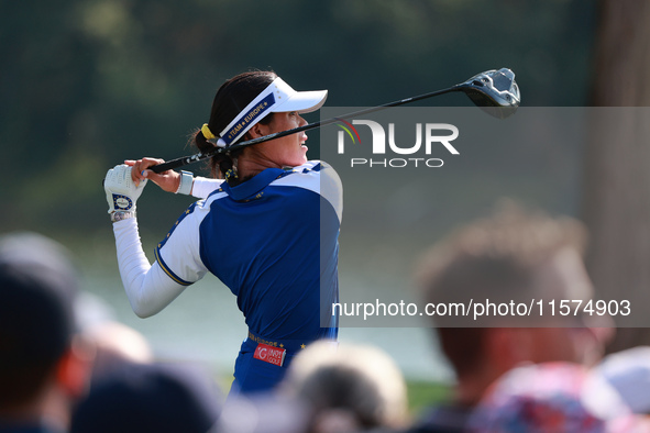 GAINESVILLE, VIRGINIA - SEPTEMBER 14: Celine Boutier of Team Europe plays her tee shot on the 12th hole during Foursome Matches on Day Two o...