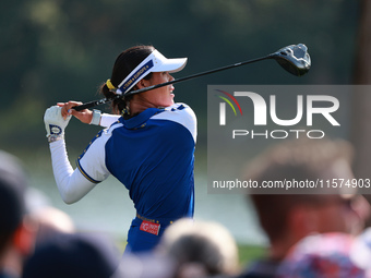 GAINESVILLE, VIRGINIA - SEPTEMBER 14: Celine Boutier of Team Europe plays her tee shot on the 12th hole during Foursome Matches on Day Two o...