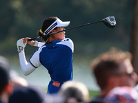 GAINESVILLE, VIRGINIA - SEPTEMBER 14: Celine Boutier of Team Europe plays her tee shot on the 12th hole during Foursome Matches on Day Two o...