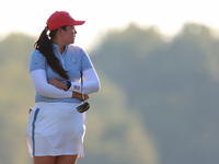 GAINESVILLE, VIRGINIA - SEPTEMBER 14: Allisen Corpuz of the United States waits on the 17th green during Day Two of the Solheim Cup at Rober...