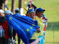 GAINESVILLE, VIRGINIA - SEPTEMBER 14: Fans cheer for Team Europe during Foursomes Matches on Day Two of the Solheim Cup at Robert Trent Jone...