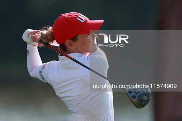 GAINESVILLE, VIRGINIA - SEPTEMBER 14: Sarah Schmelzel of the United States plays her tee shot on the 12th hole during Foursomes Matches on D...