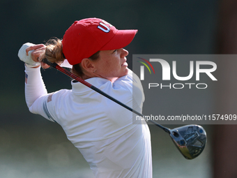 GAINESVILLE, VIRGINIA - SEPTEMBER 14: Sarah Schmelzel of the United States plays her tee shot on the 12th hole during Foursomes Matches on D...