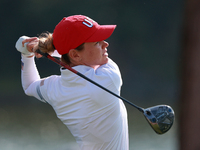 GAINESVILLE, VIRGINIA - SEPTEMBER 14: Sarah Schmelzel of the United States plays her tee shot on the 12th hole during Foursomes Matches on D...