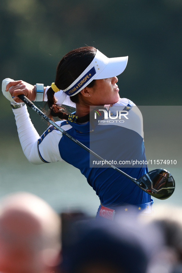 GAINESVILLE, VIRGINIA - SEPTEMBER 14: Celine Boutier of Team Europe plays her tee shot on the 12th hole during Foursome Matches on Day Two o...