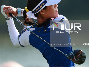 GAINESVILLE, VIRGINIA - SEPTEMBER 14: Celine Boutier of Team Europe plays her tee shot on the 12th hole during Foursome Matches on Day Two o...