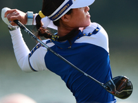 GAINESVILLE, VIRGINIA - SEPTEMBER 14: Celine Boutier of Team Europe plays her tee shot on the 12th hole during Foursome Matches on Day Two o...