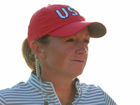 GAINESVILLE, VIRGINIA - SEPTEMBER 14: Captain Stacy Lewis of the United States looks on at the 17th green during Day Two of the Solheim Cup...