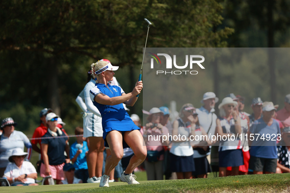 GAINESVILLE, VIRGINIA - SEPTEMBER 14: Charley Hull of Team Europe reacts to her putt on the third green during Fourball Matches on Day Two o...