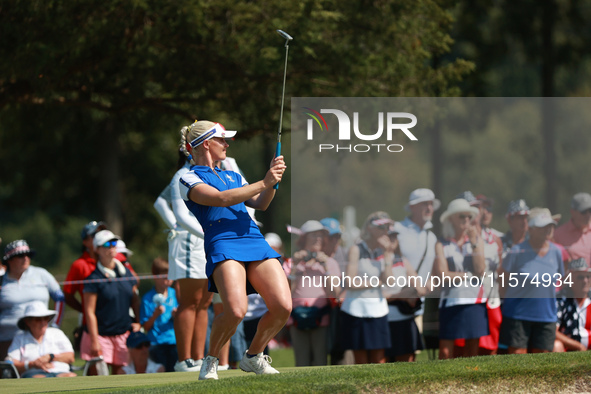 GAINESVILLE, VIRGINIA - SEPTEMBER 14: Charley Hull of Team Europe reacts to her putt on the third green during Fourball Matches on Day Two o...