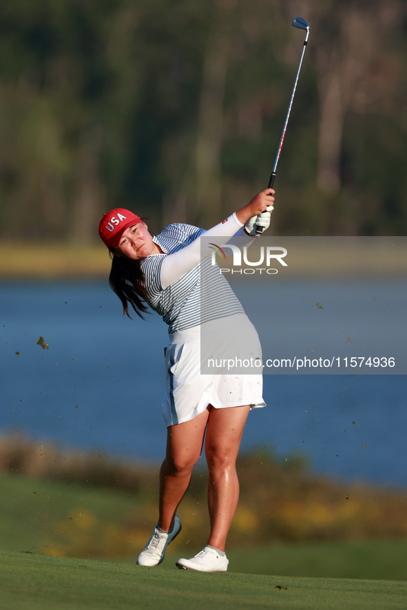 GAINESVILLE, VIRGINIA - SEPTEMBER 14: Allisen Corpuz of the United States hits to the 17th green during Day Two of the Solheim Cup at Robert...