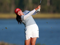 GAINESVILLE, VIRGINIA - SEPTEMBER 14: Allisen Corpuz of the United States hits to the 17th green during Day Two of the Solheim Cup at Robert...