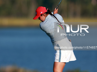 GAINESVILLE, VIRGINIA - SEPTEMBER 14: Allisen Corpuz of the United States hits to the 17th green during Day Two of the Solheim Cup at Robert...