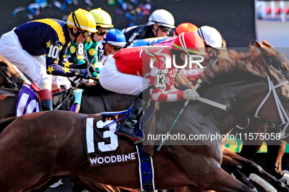 Jockey Kazushi Kimura (13) rides Ro Town at the beginning of the Ontario Matron Stakes (Grade III) at Woodbine Racetrack in Toronto, Canada,...