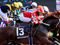 Jockey Kazushi Kimura (13) rides Ro Town at the beginning of the Ontario Matron Stakes (Grade III) at Woodbine Racetrack in Toronto, Canada,...