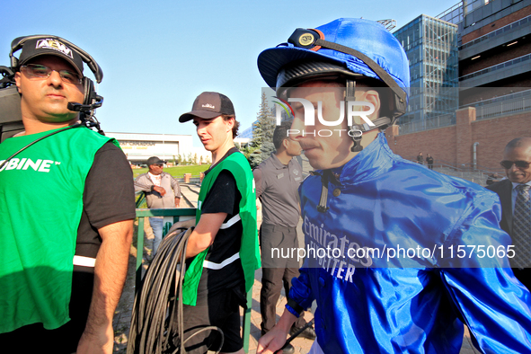 Jockey William Buick arrives at the walking ring ahead of the bet365 Summer Stakes (Grade I) at Woodbine Racetrack in Toronto, Canada, on Se...