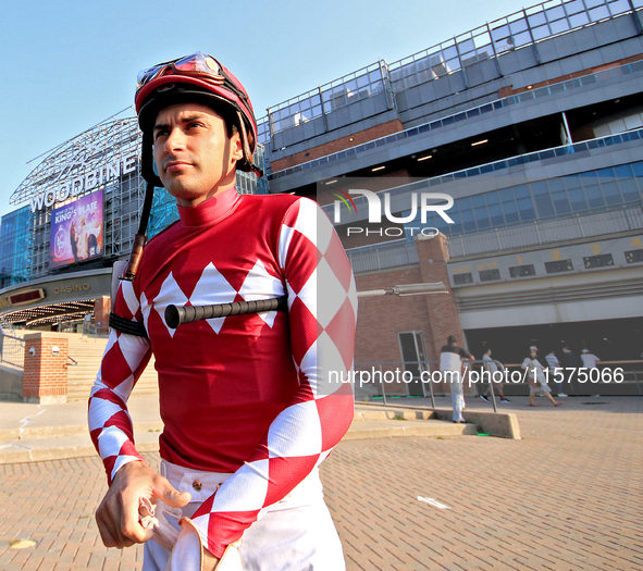 Jockey Sahin Civaci arrives at the walking ring ahead of the bet365 Summer Stakes (Grade I) at Woodbine Racetrack in Toronto, Canada, on Sep...