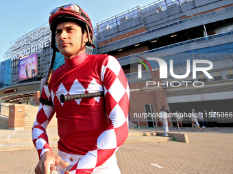 Jockey Sahin Civaci arrives at the walking ring ahead of the bet365 Summer Stakes (Grade I) at Woodbine Racetrack in Toronto, Canada, on Sep...