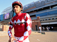 Jockey Sahin Civaci arrives at the walking ring ahead of the bet365 Summer Stakes (Grade I) at Woodbine Racetrack in Toronto, Canada, on Sep...